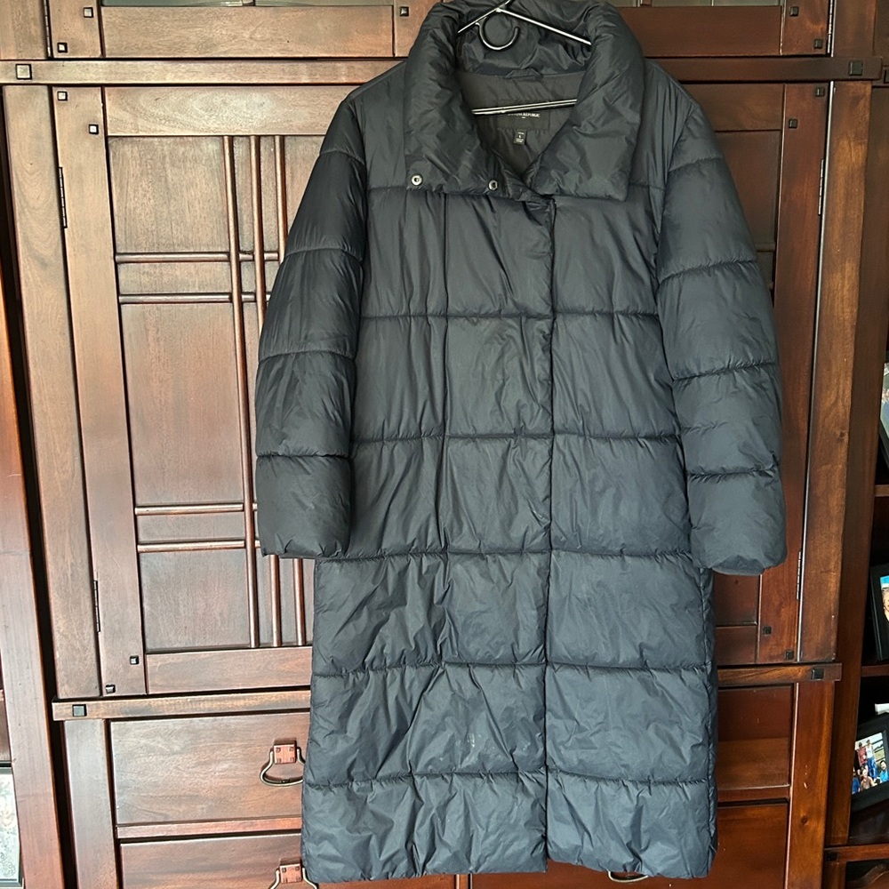 Banana Republic Women's Black Puffer Coat Mid Length With Large Collar Sz LP - Picture 5 of 6